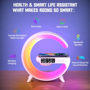Lampe réveil connectée en G — Enceinte Bluetooth, RGB, chargeur sans fil