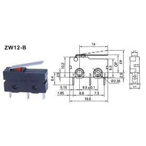 Micro-interrupteur de fin de course ZW12-B — 10x20mm, 3 broches, 5A/250V